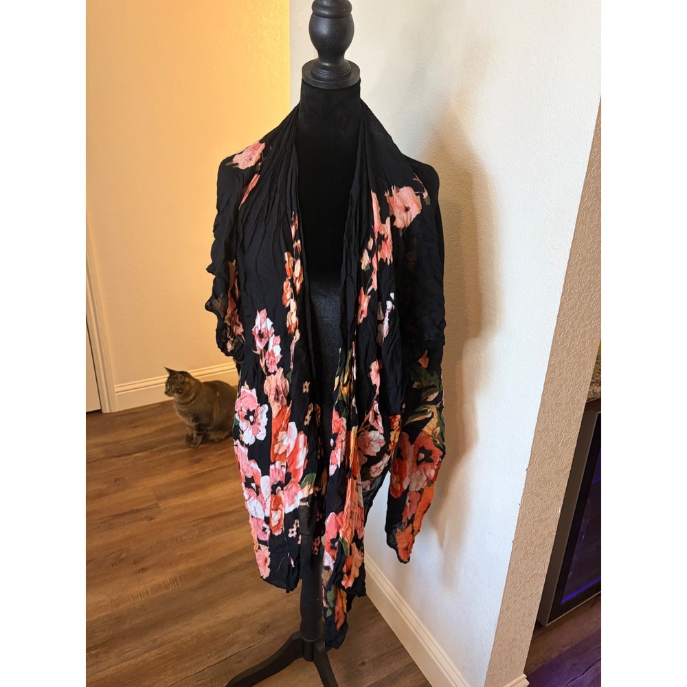 Floral Kimono Wrap Black Pink Orange Viscose Open Front Shawl One Size